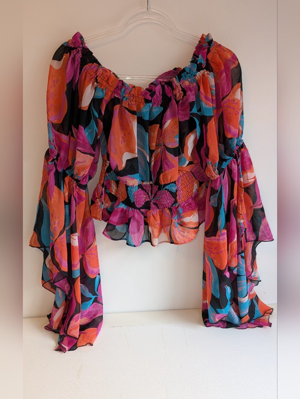 Witchy Bohemian Off-Shoulder Floral Blouse - Pink & Orange